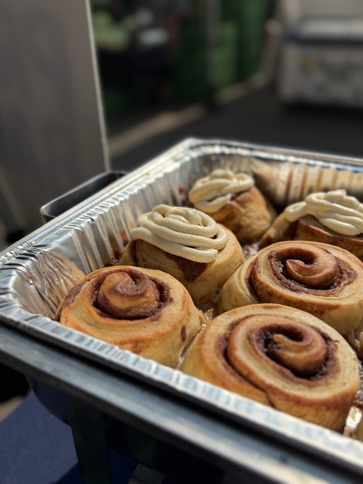 a tray of fresh-baked tandoco cinnamon rolls