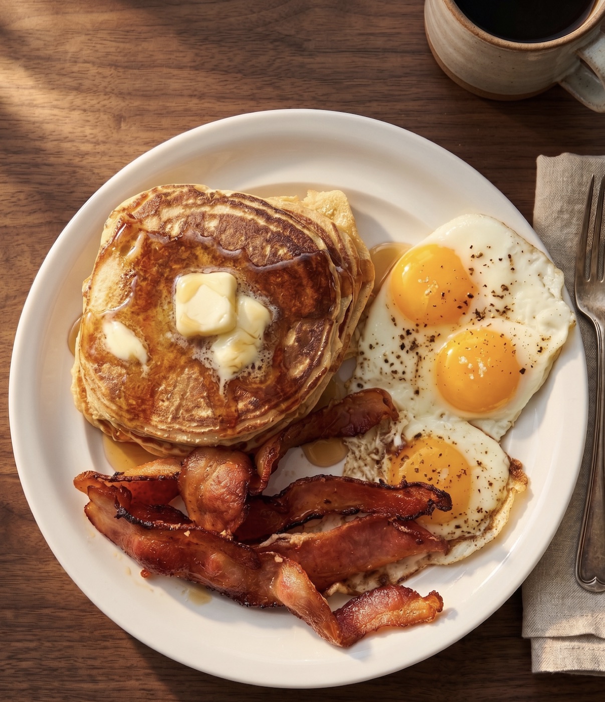 a homemade breakfast — pancakes with butter, fried eggs, bacon and coffee on a wooden table