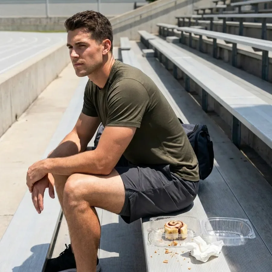 athlete recovering on the stadium bleachers with a tandoco protein cinnamon roll