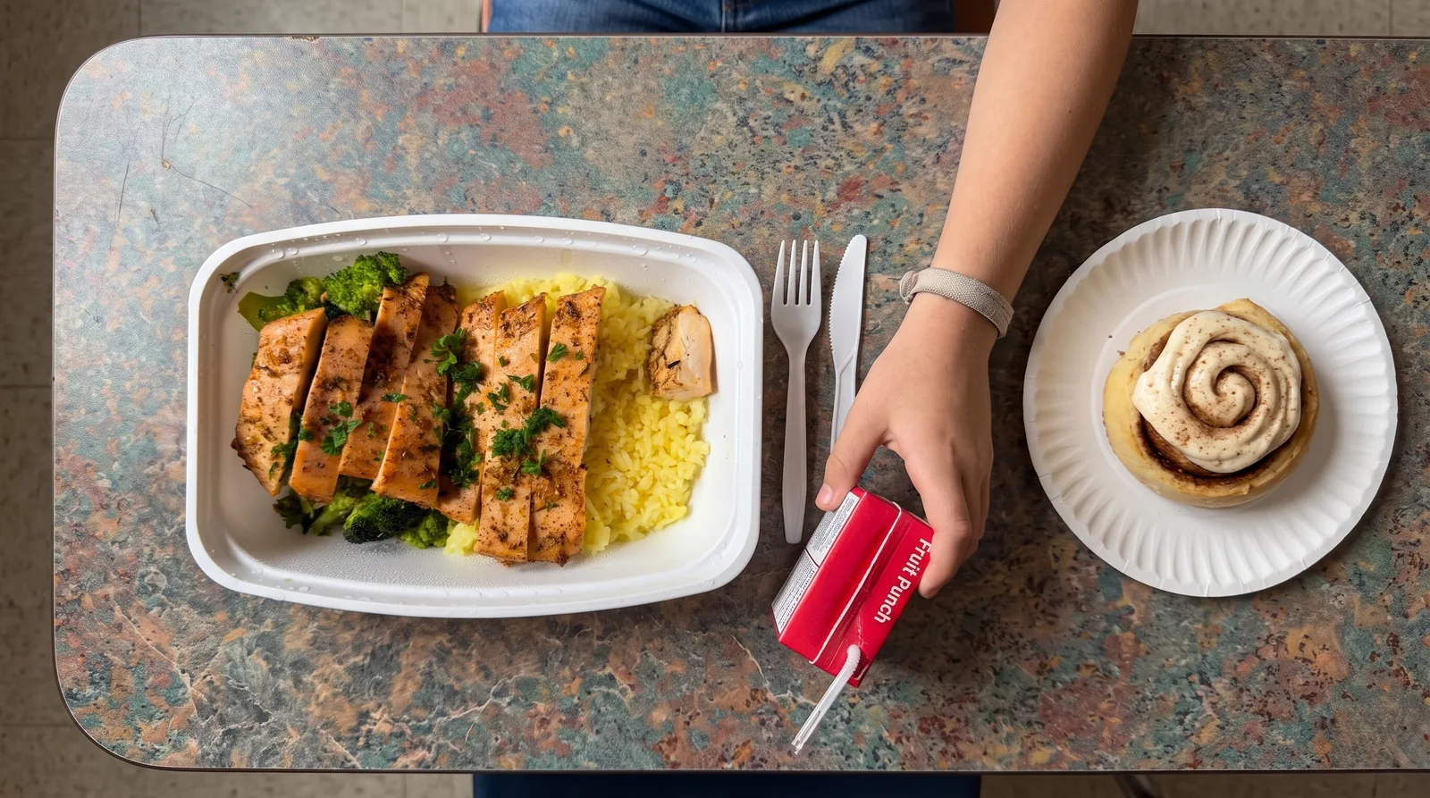 a school cafeteria tray with sliced chicken, rice and broccoli next to a cinnamon roll and a carton of fruit punch