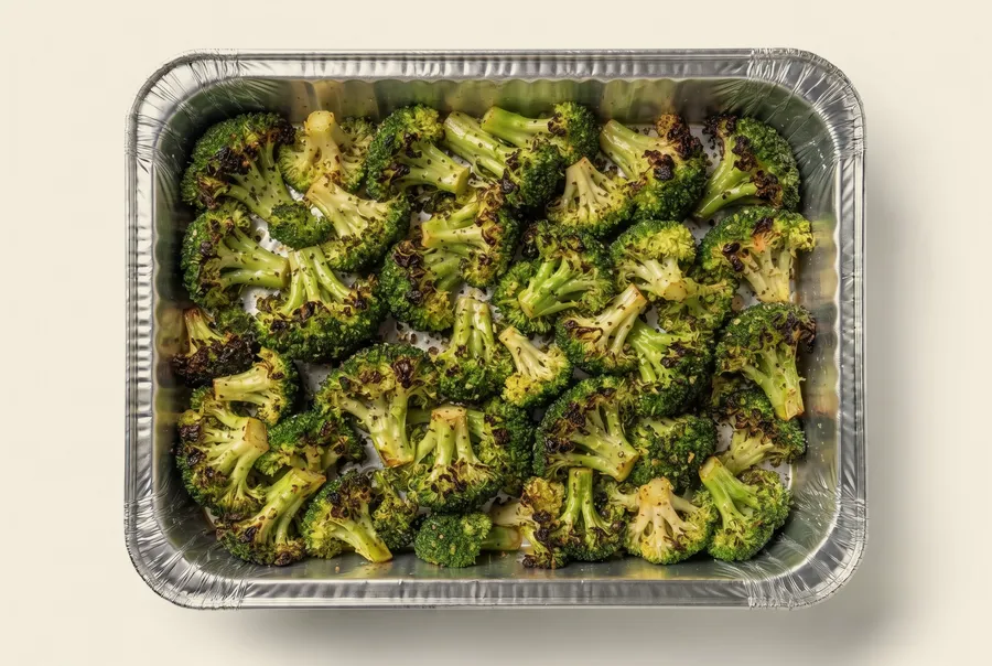 charred broccoli catering side — florets charred at the edges, lightly seasoned