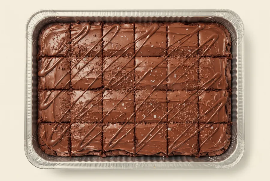 brownie catering tray — a foil pan of frosted built brownies scored into squares, 14g protein each, catered as twin cities client gifts and post-race fuel