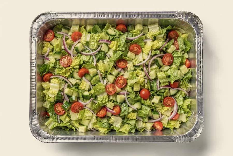 chopped green salad catering side — romaine, cucumber, red onion and cherry tomato with dressing on the side