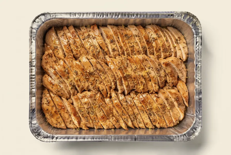 a catering tray of lemon honey chicken, sliced and ready to serve at a twin cities halloween party