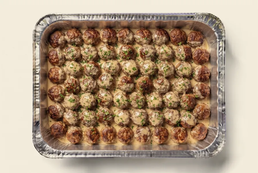 swedish meatball catering tray — browned beef meatballs in creamy gravy, catered for twin cities office lunches