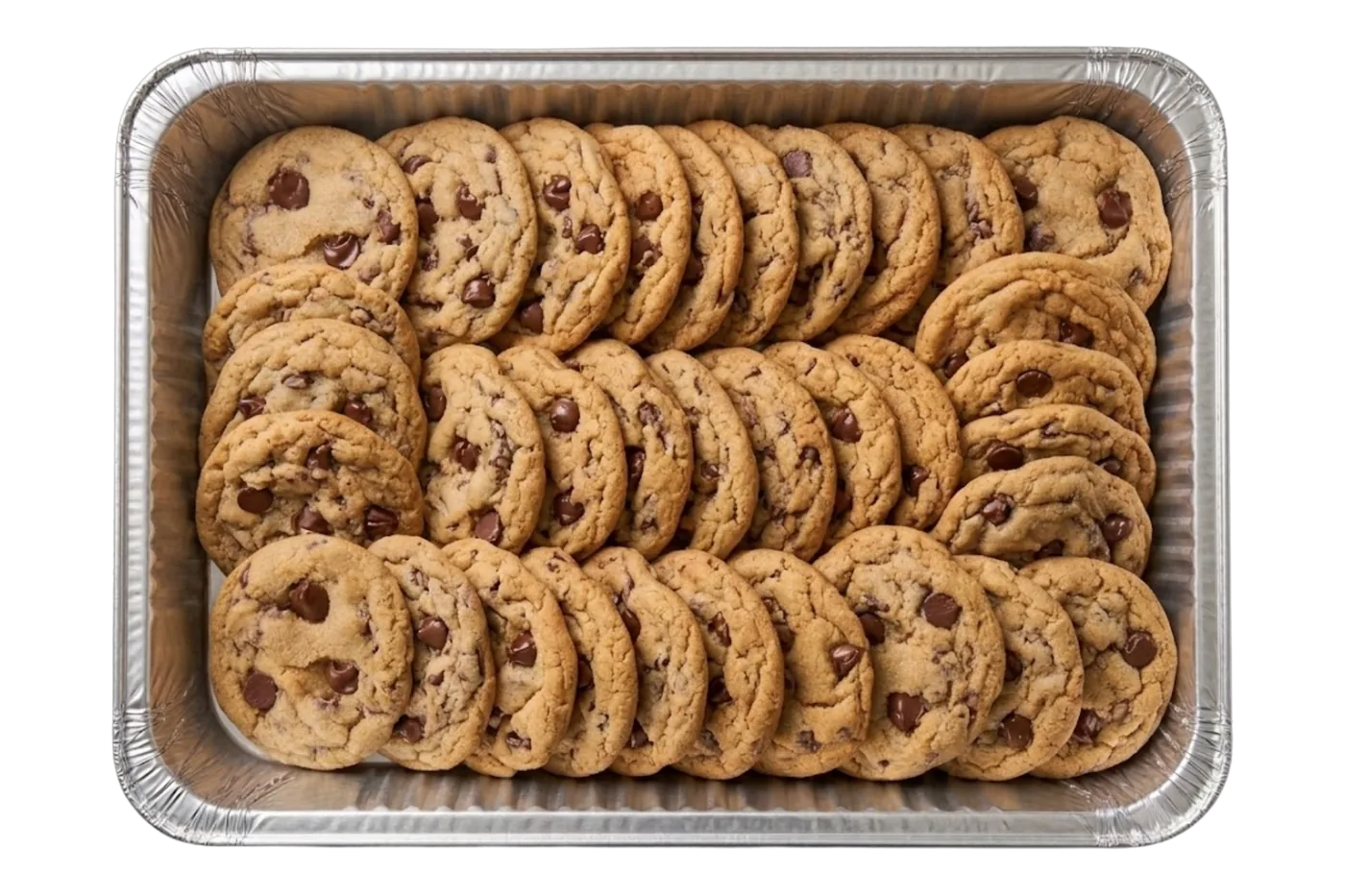 cookie catering tray — a foil pan of protein chocolate chip cookies, catered for twin cities offices, races and parties