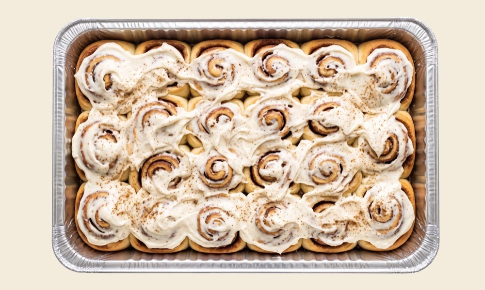 swole roll catering tray, frosted high-protein cinnamon rolls