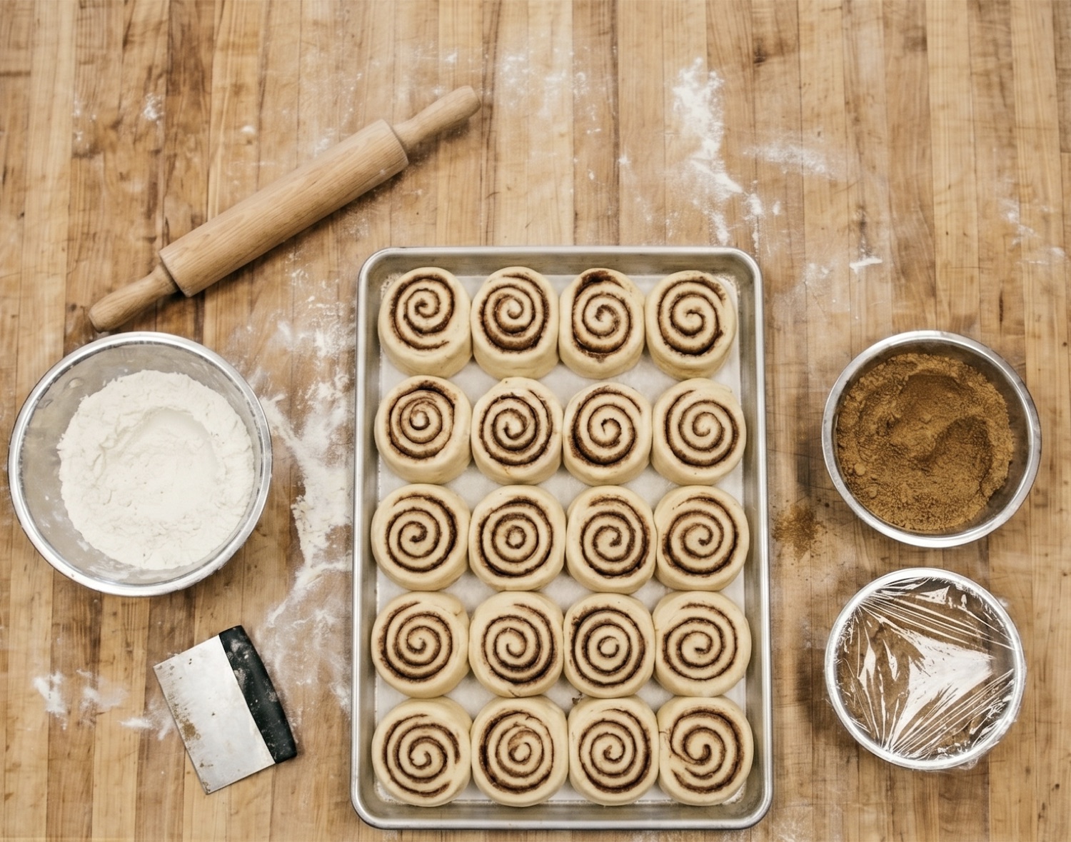 trays of hand-rolled cinnamon rolls on a floured wooden table with a rolling pin, flour, and brown sugar — scratch baking in progress