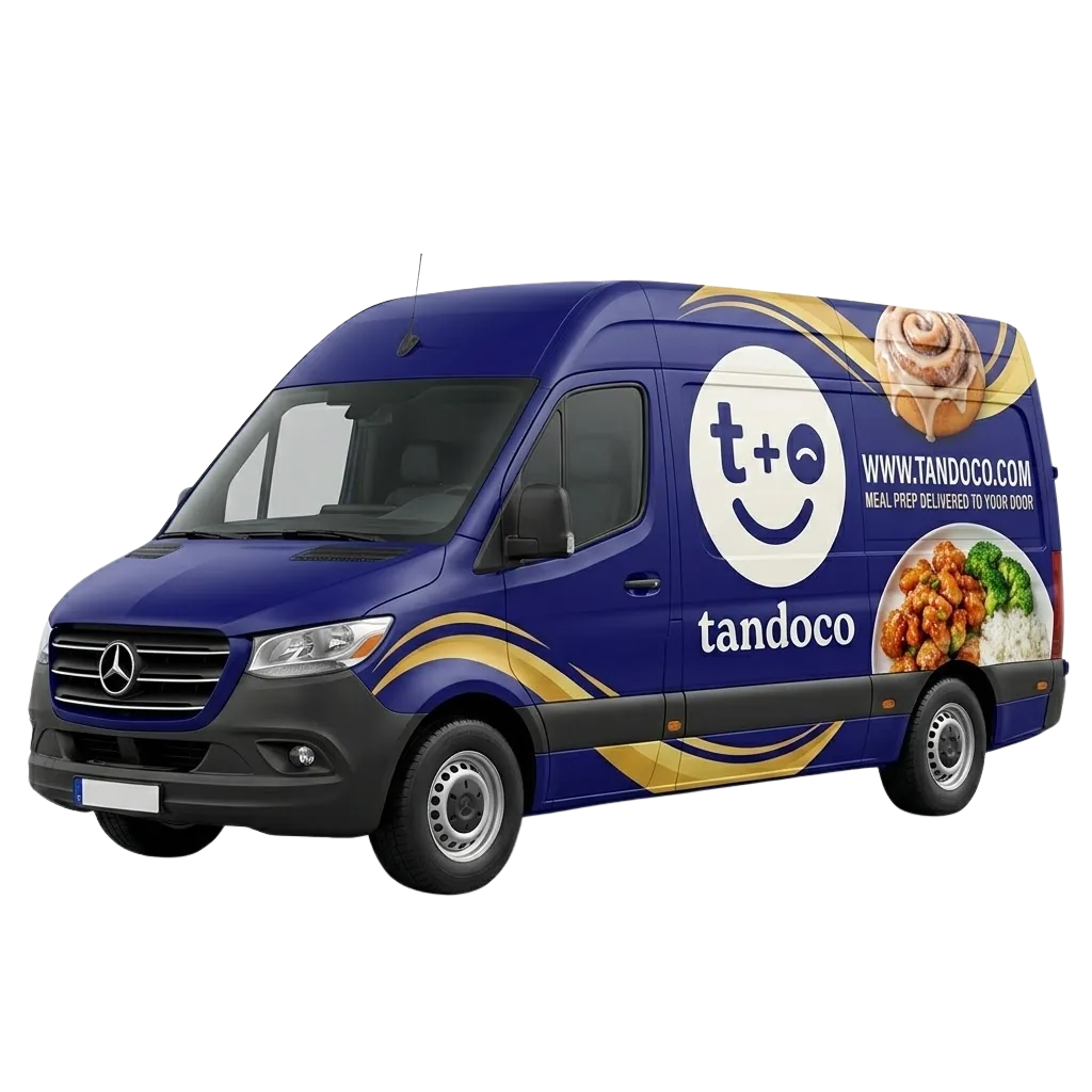 the tandoco delivery van — a navy mercedes sprinter wrapped in tandoco branding