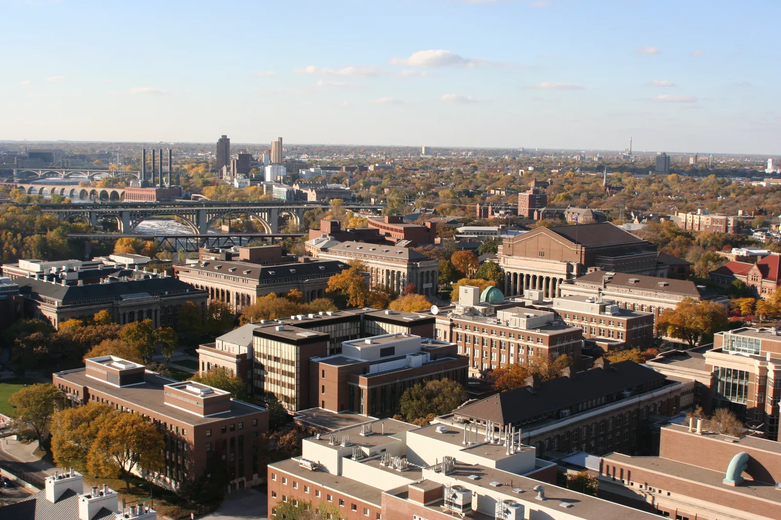 aerial view over the university of minnesota east bank campus and dinkytown, minneapolis