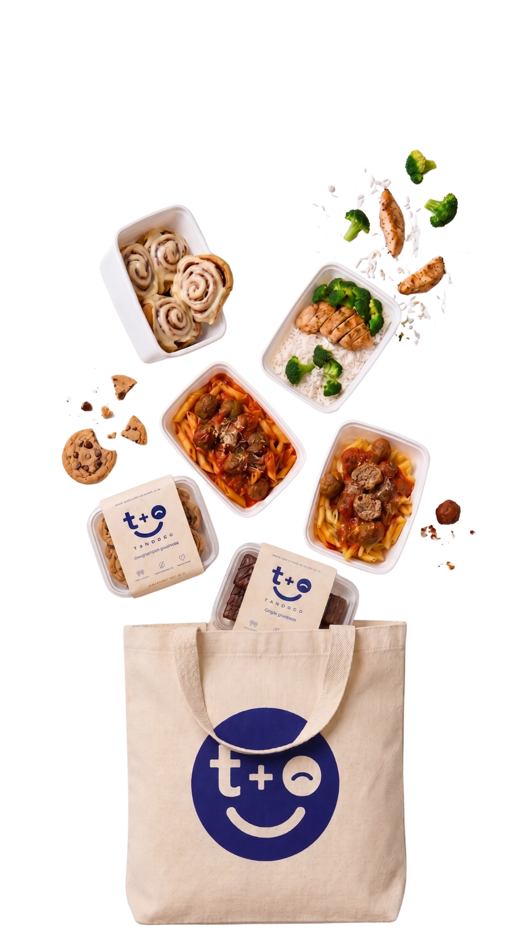 tandoco food — chicken, carrots, green smoothie, cookie, cinnamon roll