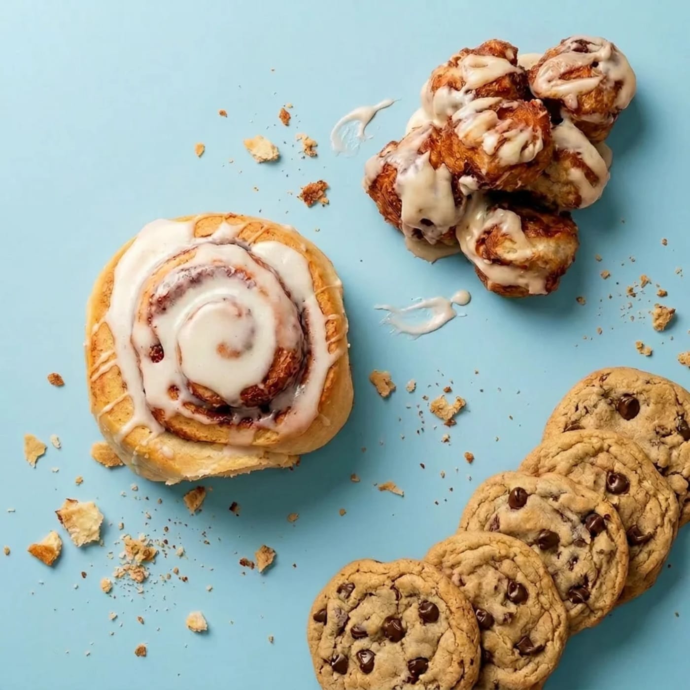 a tandoco bakery spread — iced cinnamon roll, pull-apart bites, and chocolate-chip protein cookies