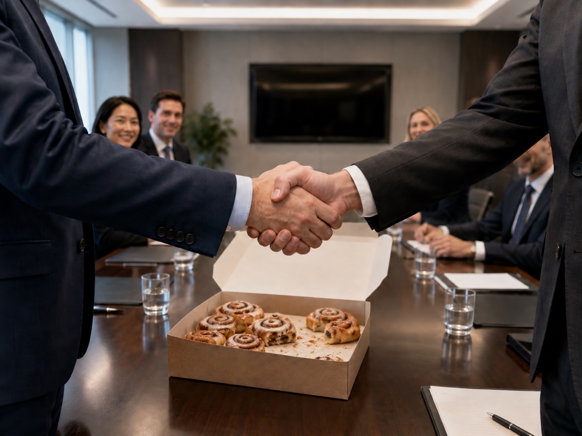 a handshake across a boardroom table over an open box of tandoco cinnamon rolls